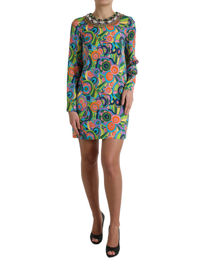 Robe midi en soie à imprimé géométrique multicolore et cristaux Dolce &amp; Gabbana