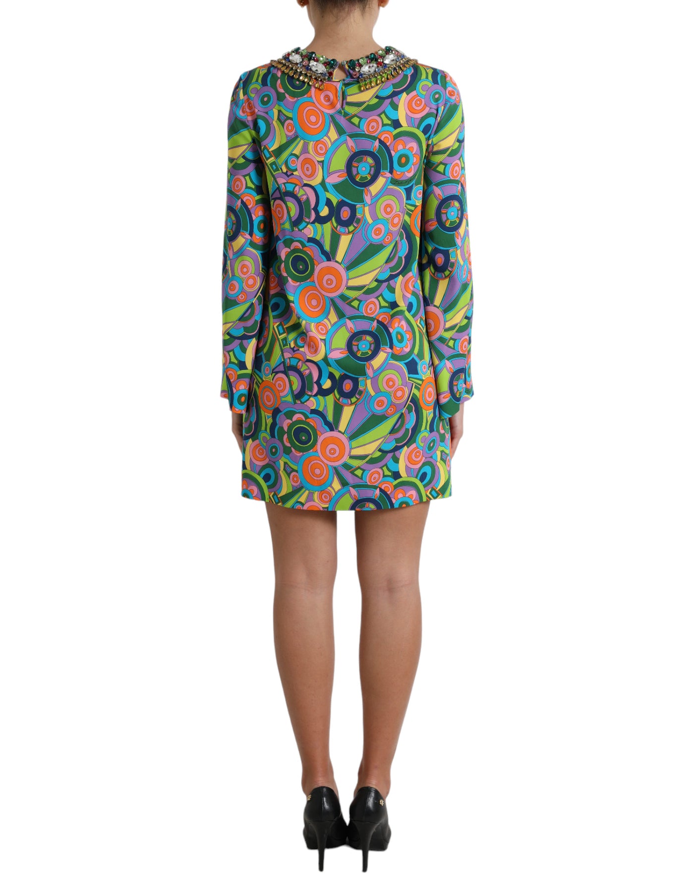 Robe midi en soie à imprimé géométrique multicolore et cristaux Dolce &amp; Gabbana