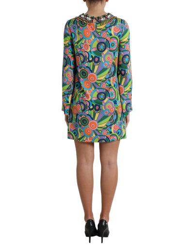 Robe midi en soie à imprimé géométrique multicolore et cristaux Dolce &amp; Gabbana