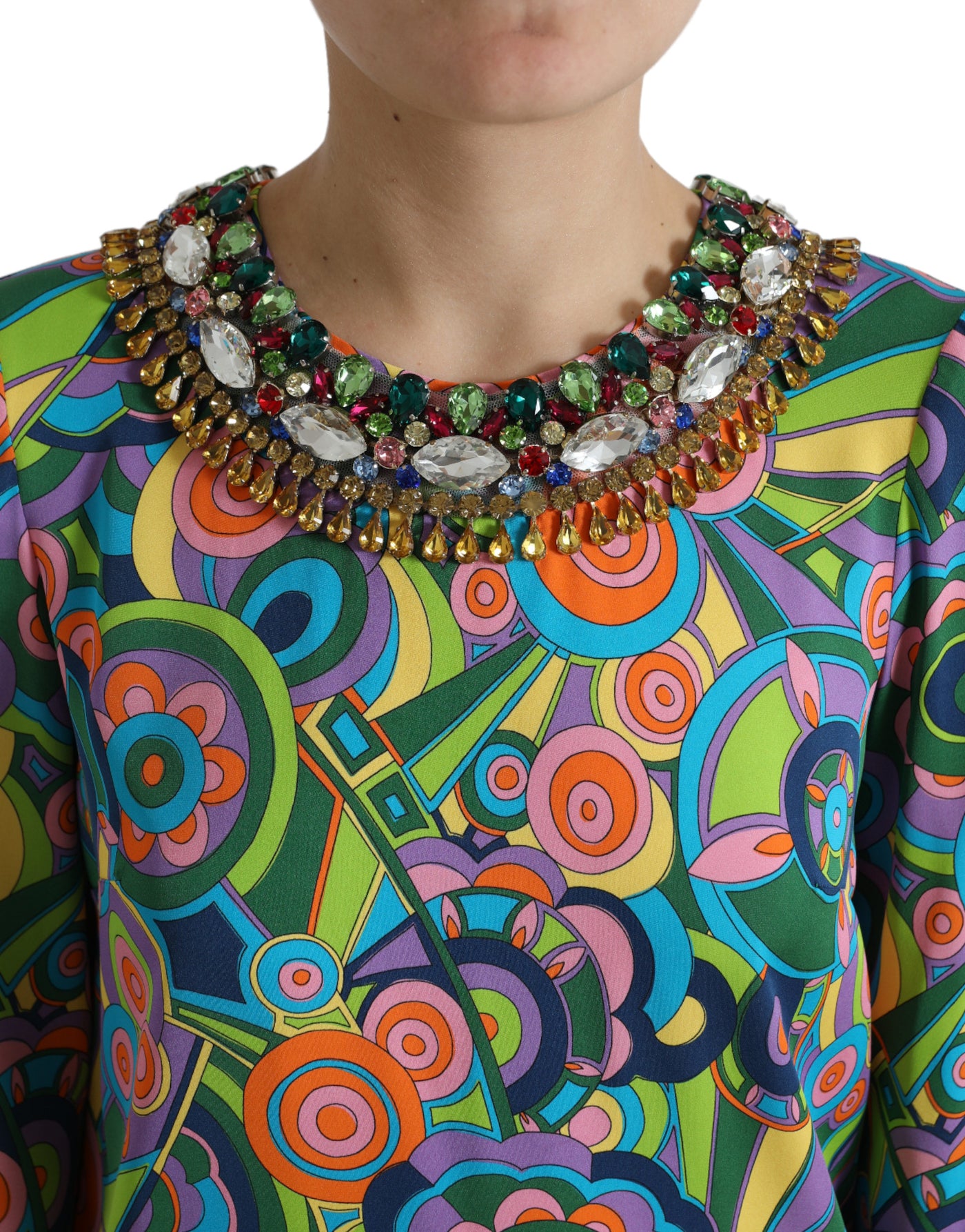 Robe midi en soie à imprimé géométrique multicolore et cristaux Dolce &amp; Gabbana