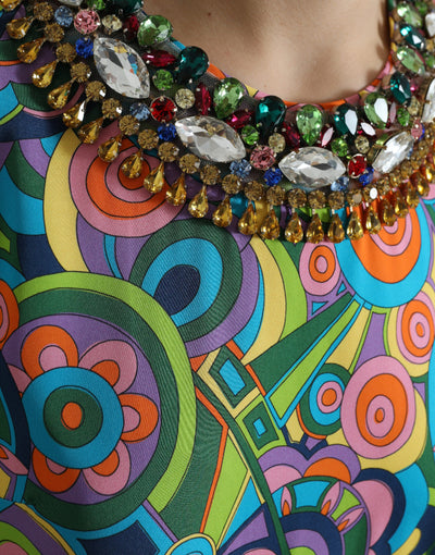 Robe midi en soie à imprimé géométrique multicolore et cristaux Dolce &amp; Gabbana