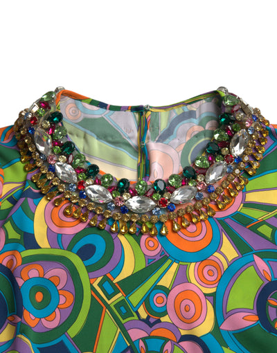 Robe midi en soie à imprimé géométrique multicolore et cristaux Dolce &amp; Gabbana
