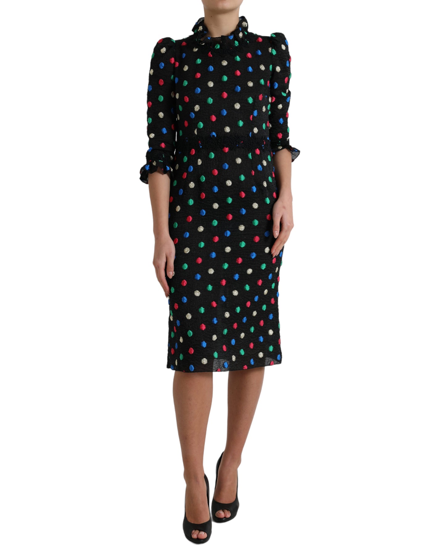 Dolce &amp; Gabbana Zwarte Polka Dot Ruffle Katoenen Midi-jurk
