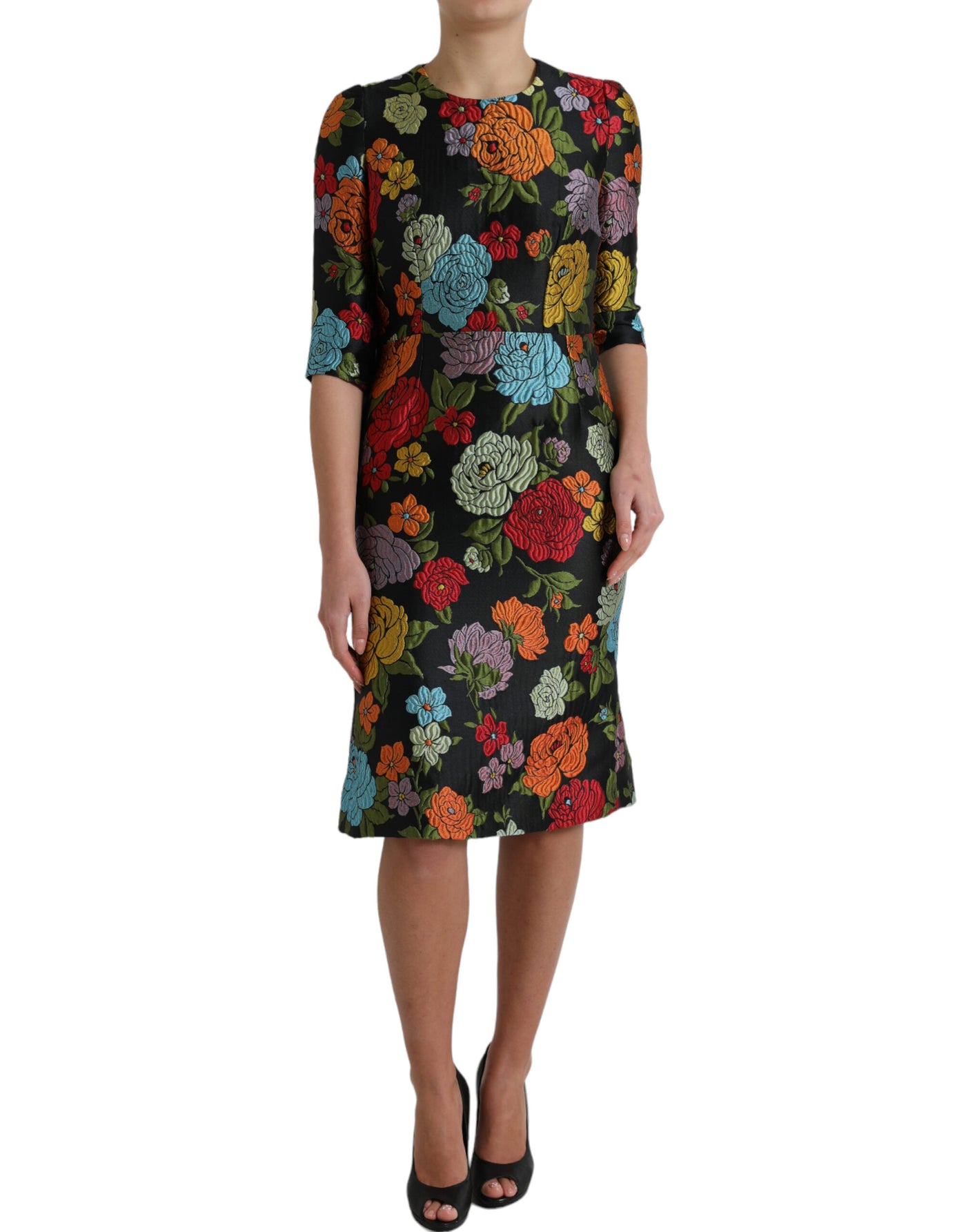 Robe noire à broderies florales Dolce &amp; Gabbana, longueur genou