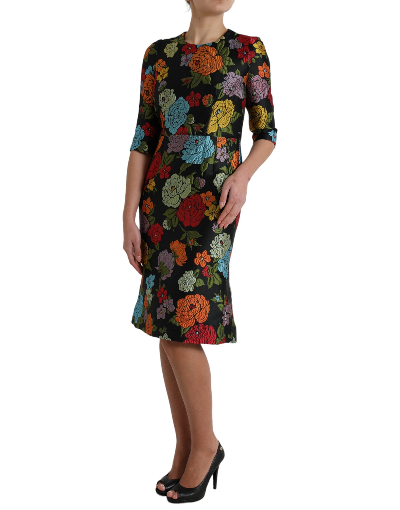 Robe noire à broderies florales Dolce &amp; Gabbana, longueur genou