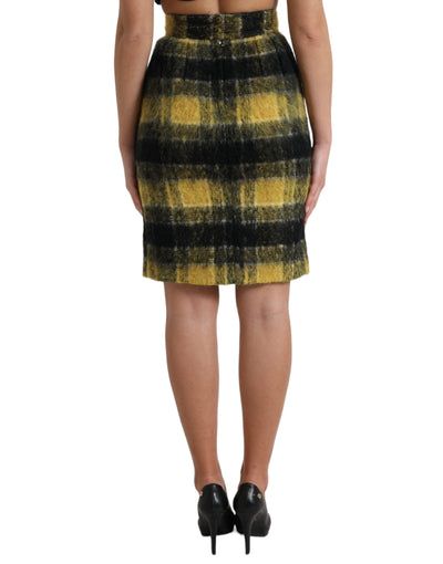 Jupe crayon en laine brossée à carreaux jaune et noir Dolce &amp; Gabbana