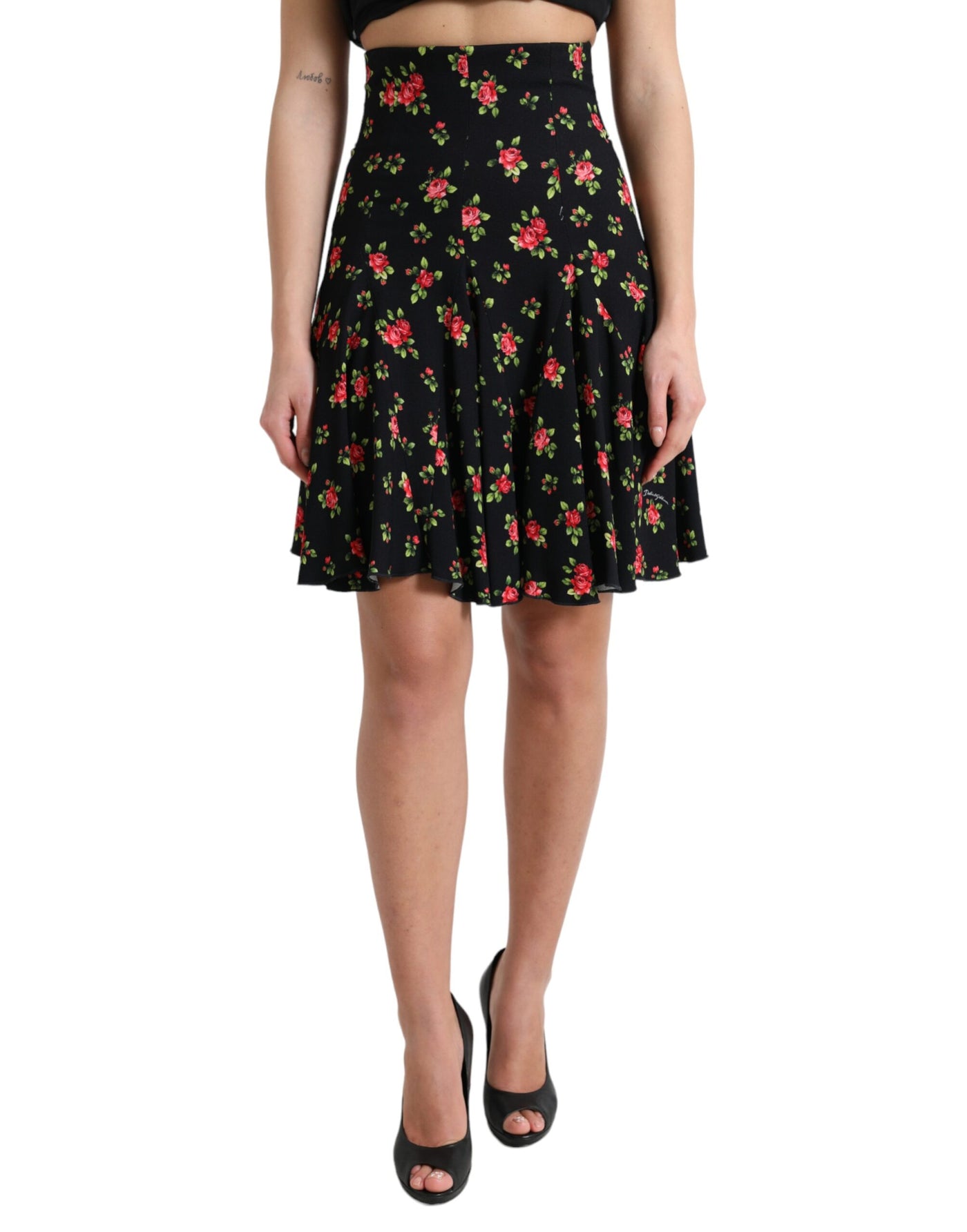 Mini-jupe trapèze taille haute à imprimé roses noires Dolce &amp; Gabbana