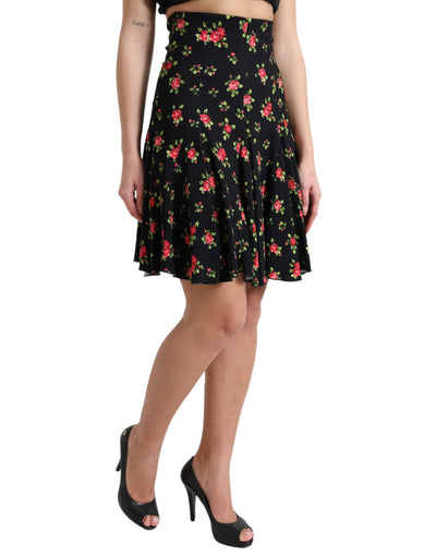 Mini-jupe trapèze taille haute à imprimé roses noires Dolce &amp; Gabbana