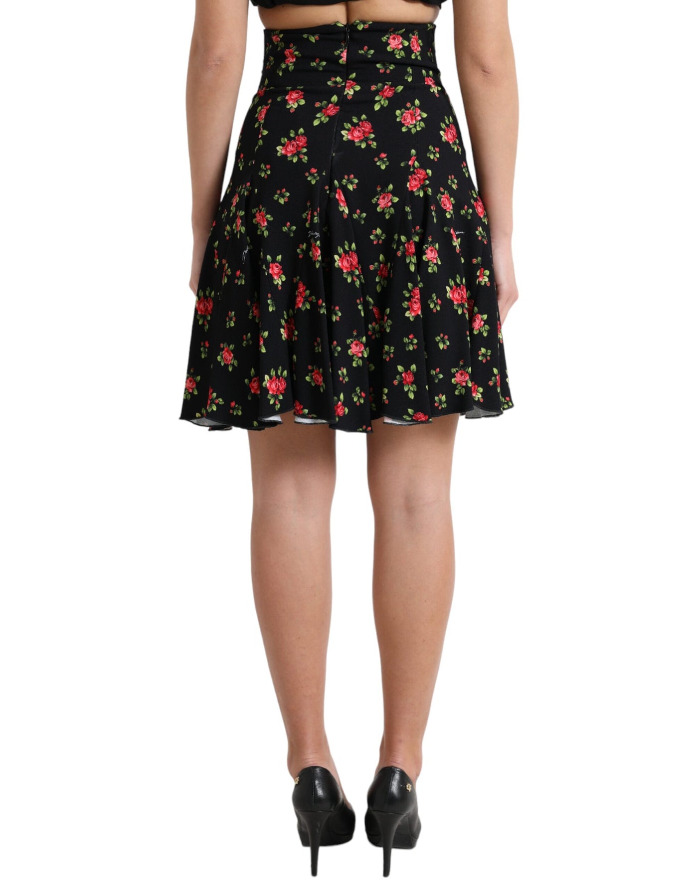 Mini-jupe trapèze taille haute à imprimé roses noires Dolce &amp; Gabbana