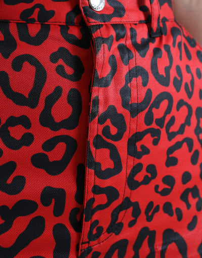Mini-jupe taille haute en coton à imprimé léopard rouge Dolce &amp; Gabbana