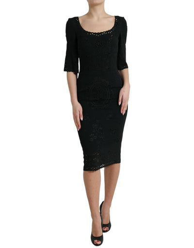 Dolce &amp; Gabbana zwarte viscose bodycon midi-jurk met bloemenkant