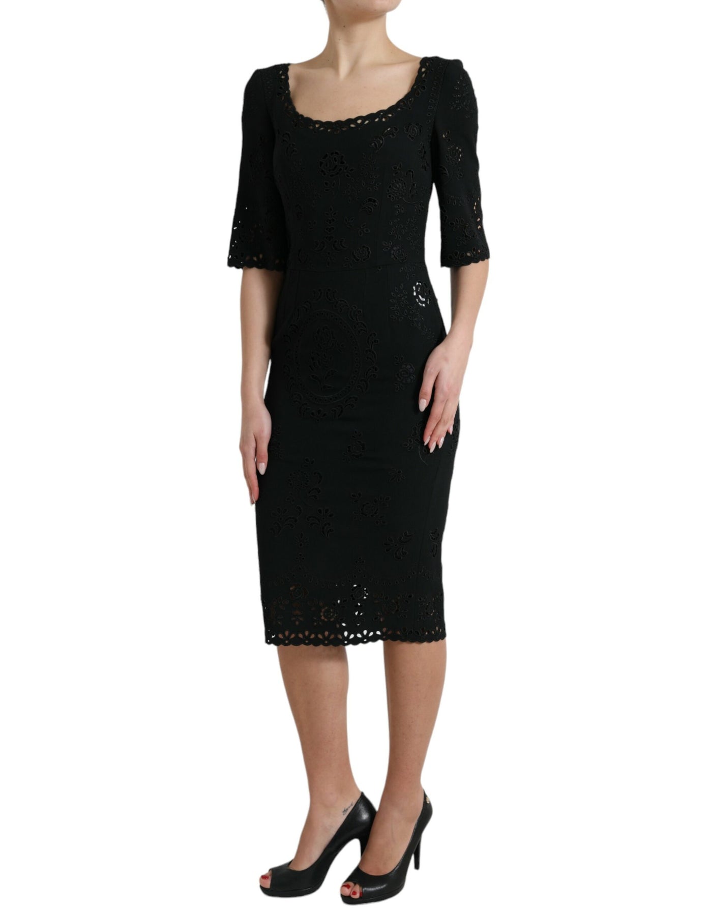 Dolce &amp; Gabbana zwarte viscose bodycon midi-jurk met bloemenkant