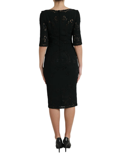 Dolce &amp; Gabbana zwarte viscose bodycon midi-jurk met bloemenkant