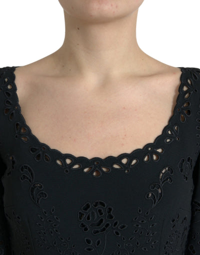 Dolce &amp; Gabbana zwarte viscose bodycon midi-jurk met bloemenkant