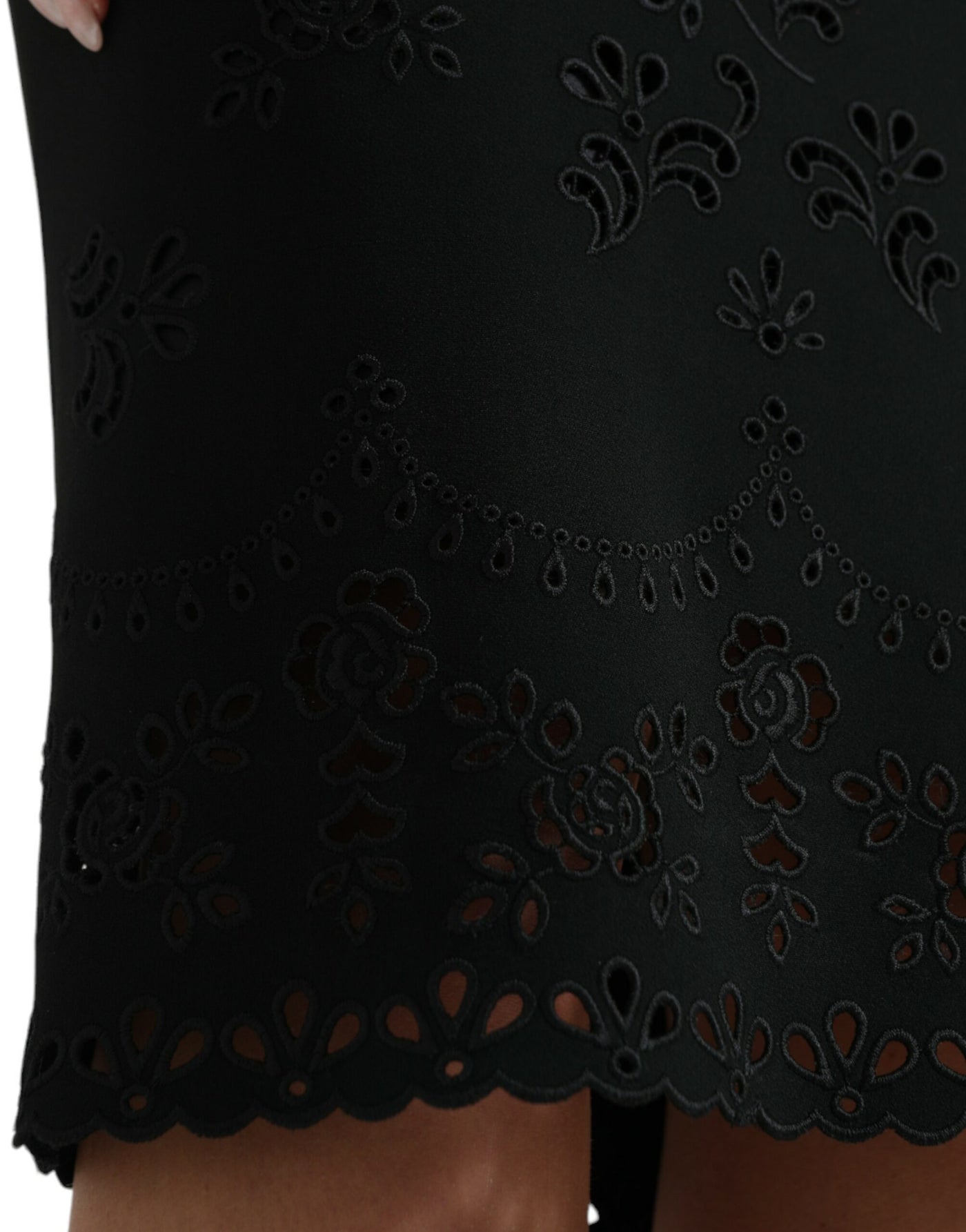 Dolce &amp; Gabbana zwarte viscose bodycon midi-jurk met bloemenkant
