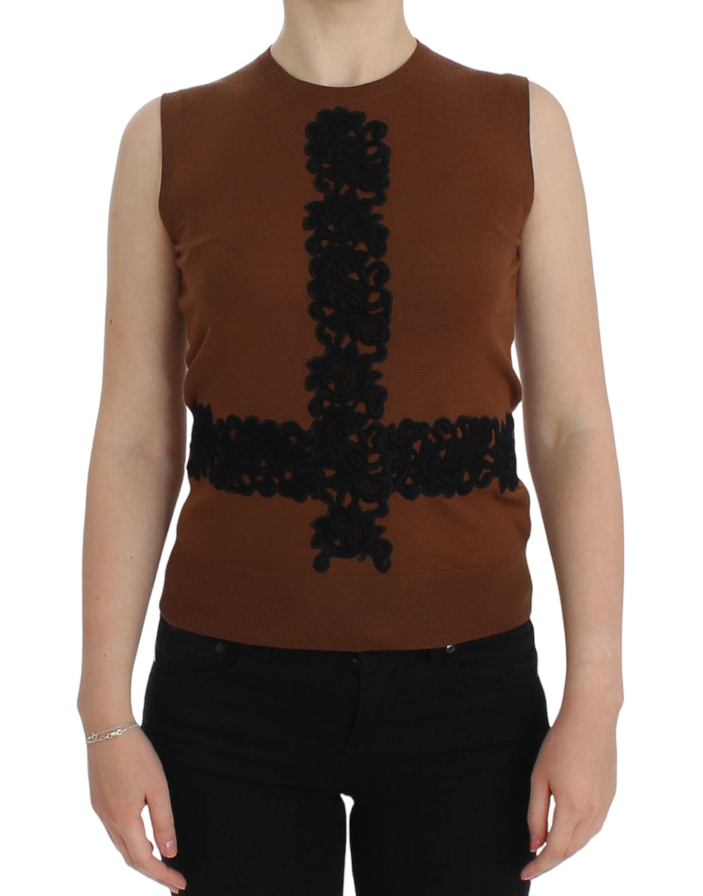 Dolce &amp; Gabbana Bruine Wollen Zwarte Kanten Vest Trui Top
