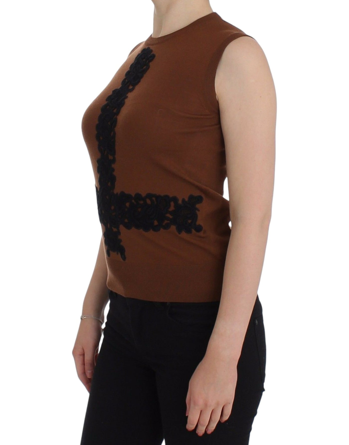 Dolce &amp; Gabbana Bruine Wollen Zwarte Kanten Vest Trui Top