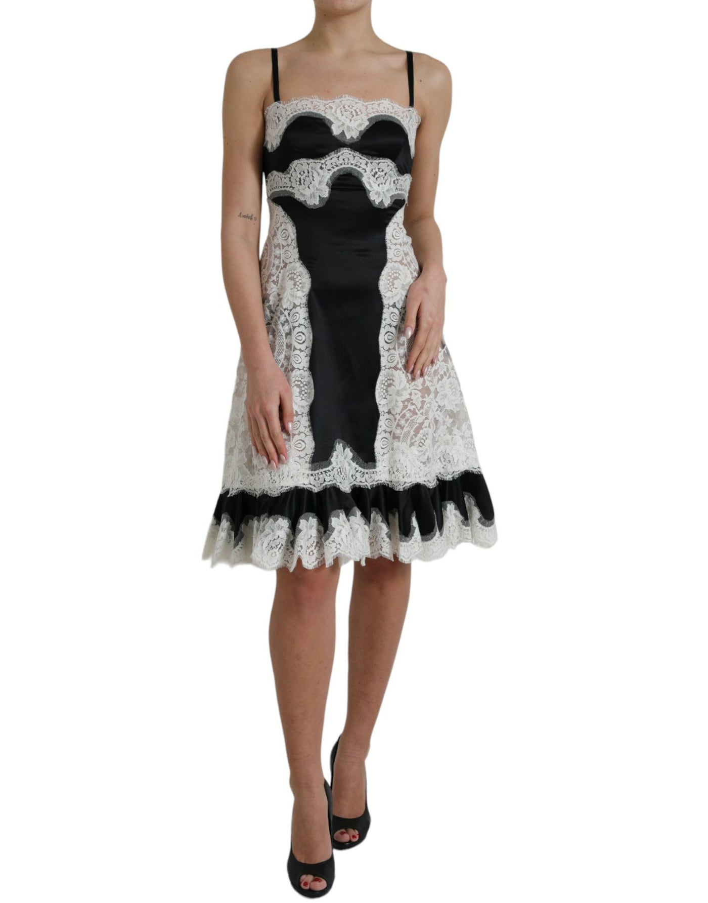 Robe trapèze transparente sans manches en dentelle noire et blanche Dolce &amp; Gabbana