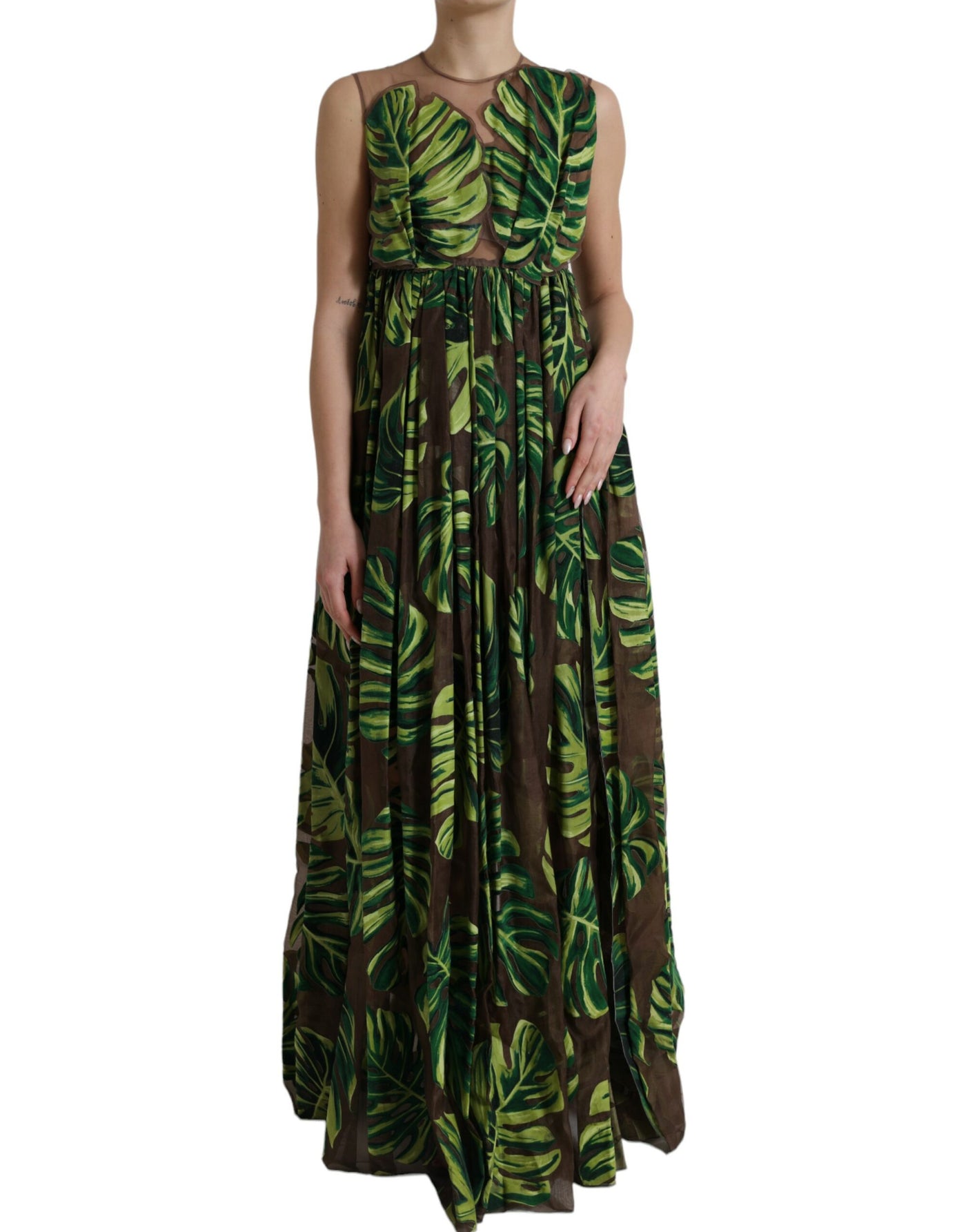 Robe longue sans manches à motif feuille de bananier vert Dolce &amp; Gabbana