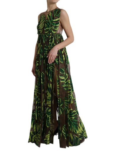 Robe longue sans manches à motif feuille de bananier vert Dolce &amp; Gabbana