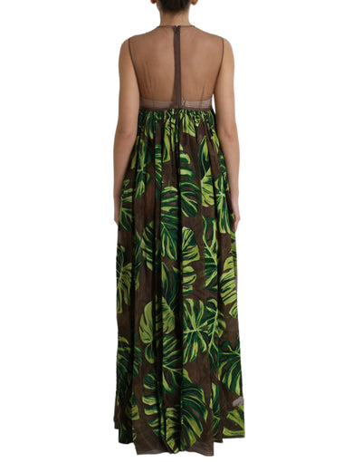 Robe longue sans manches à motif feuille de bananier vert Dolce &amp; Gabbana
