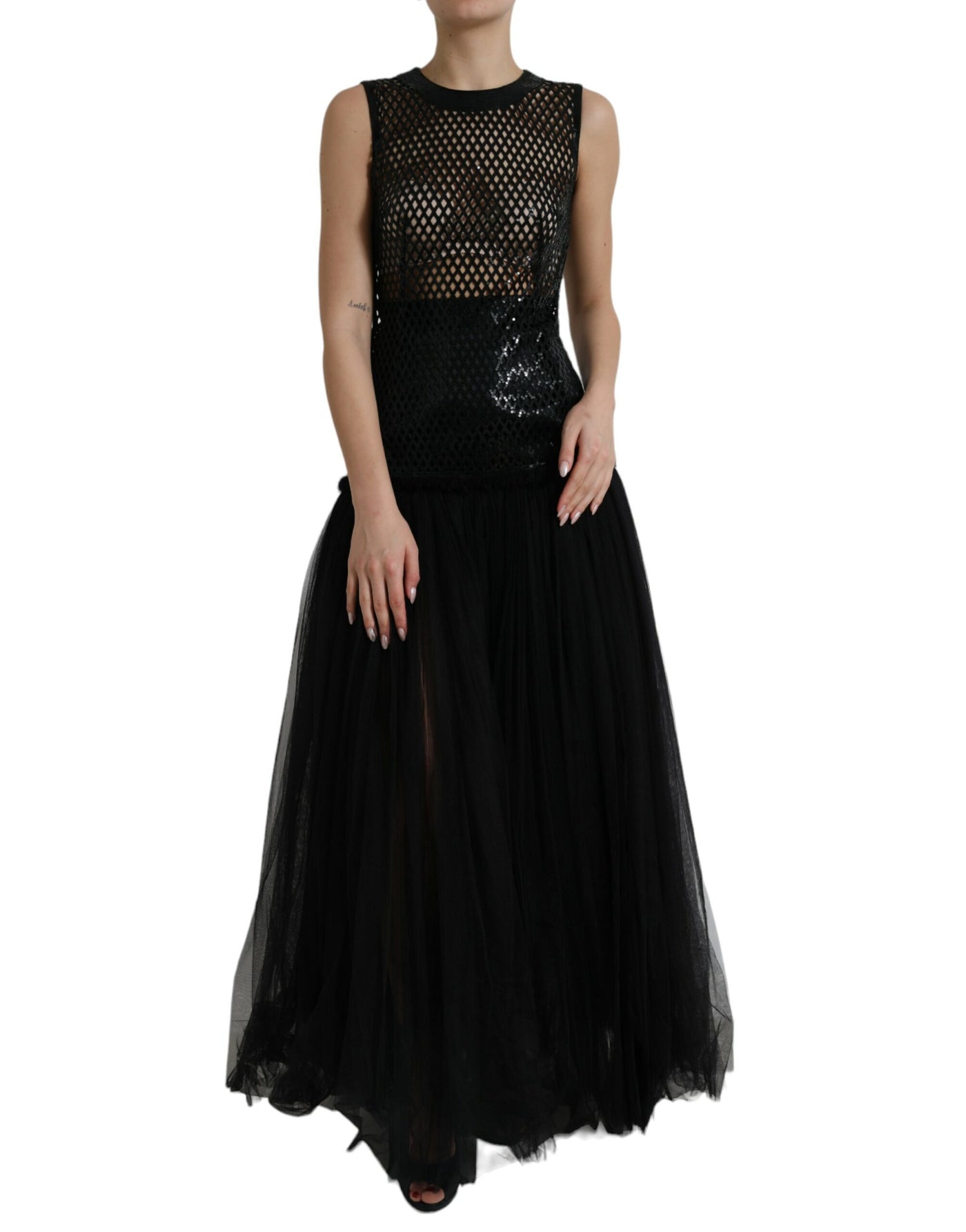 Robe longue noire à paillettes et manches superposées en maille Dolce &amp; Gabbana