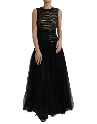 Robe longue noire à paillettes et manches superposées en maille Dolce &amp; Gabbana