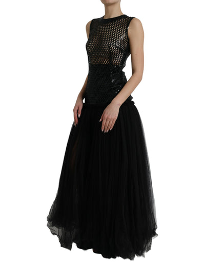 Robe longue noire à paillettes et manches superposées en maille Dolce &amp; Gabbana