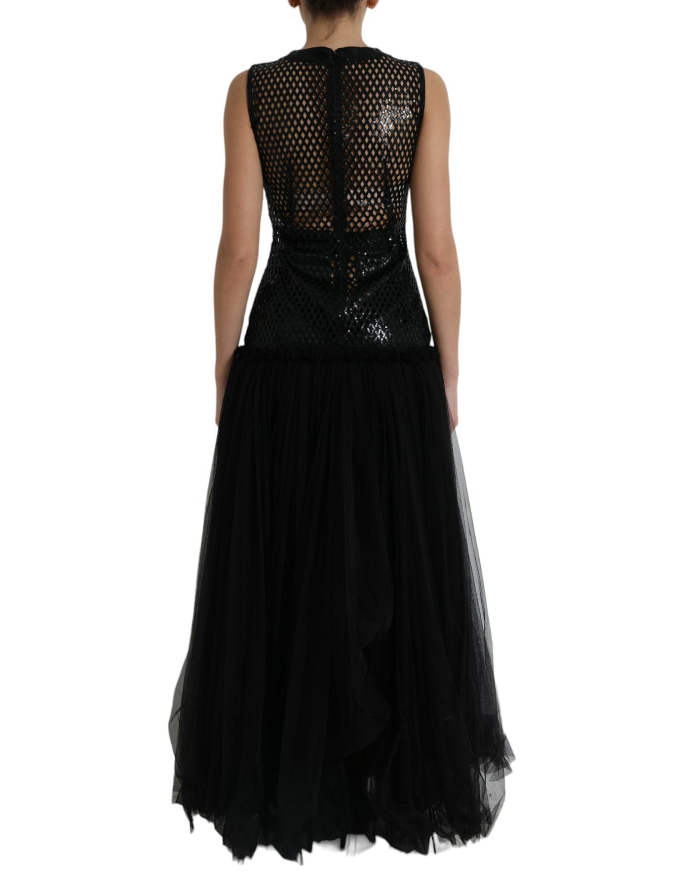Robe longue noire à paillettes et manches superposées en maille Dolce &amp; Gabbana