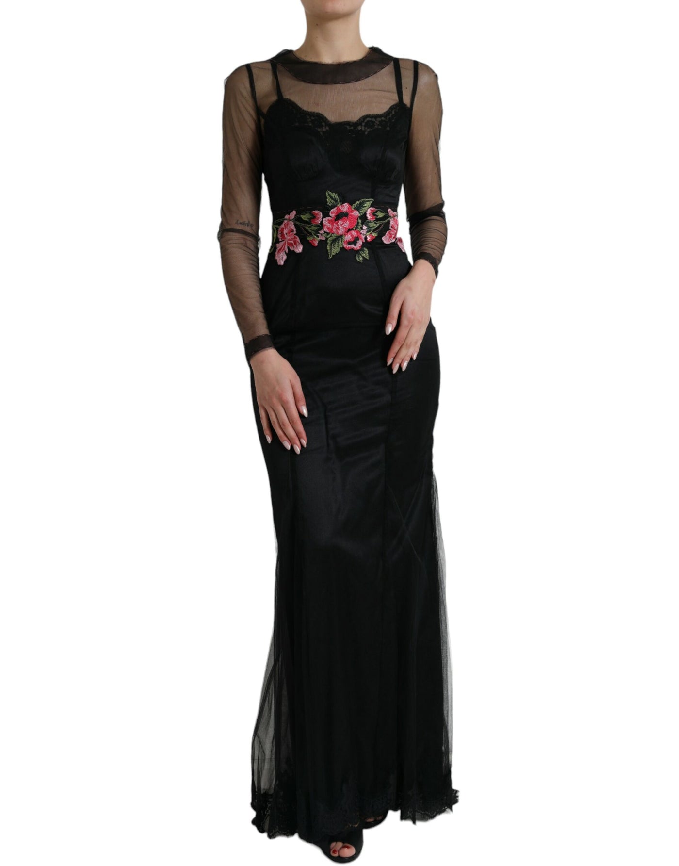 Robe longue en tulle et maille brodée de fleurs noires Dolce &amp; Gabbana