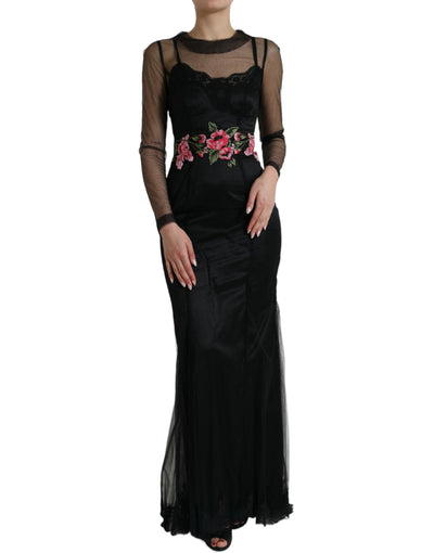 Robe longue en tulle et maille brodée de fleurs noires Dolce &amp; Gabbana