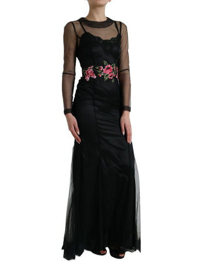 Robe longue en tulle et maille brodée de fleurs noires Dolce &amp; Gabbana
