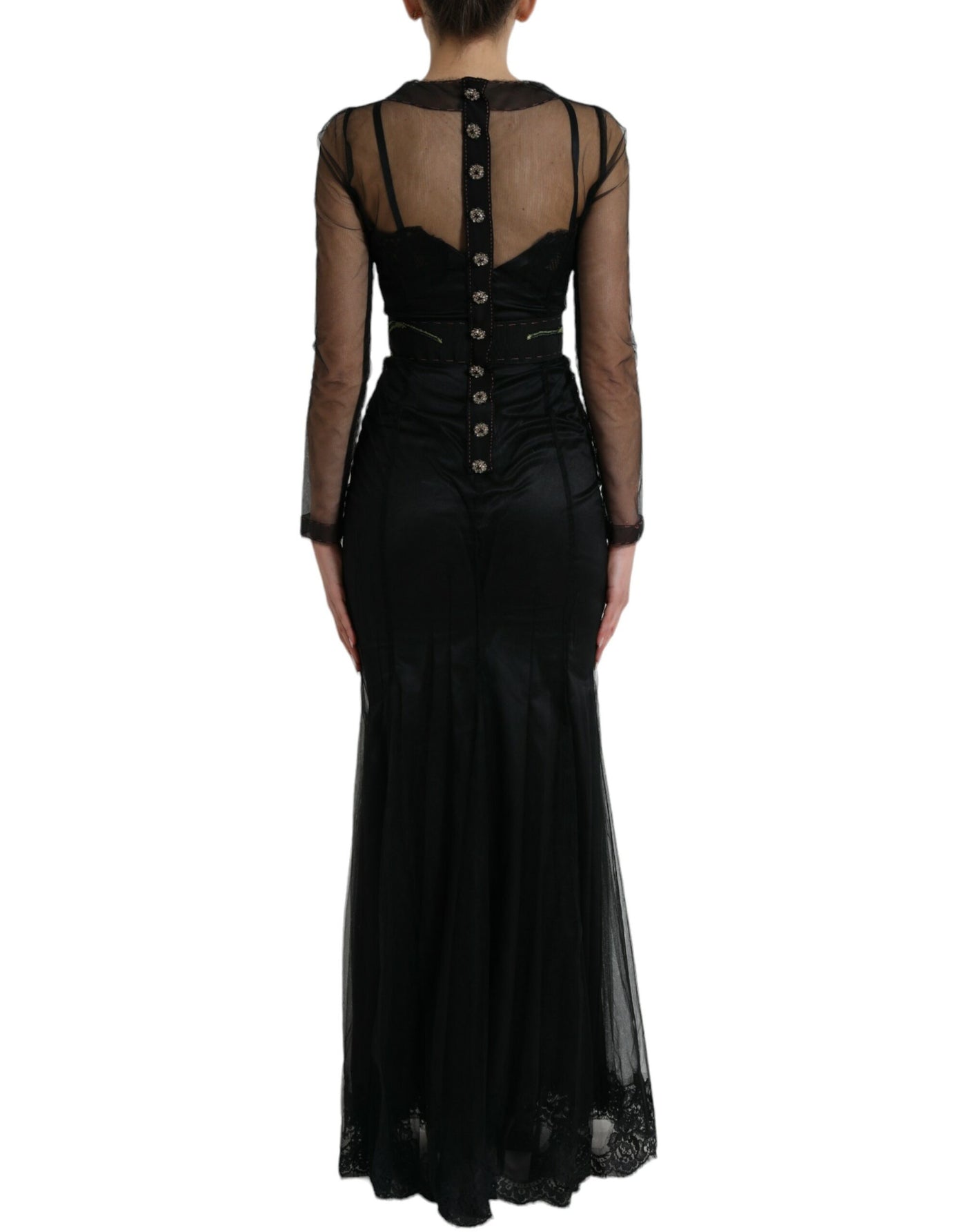 Robe longue en tulle et maille brodée de fleurs noires Dolce &amp; Gabbana