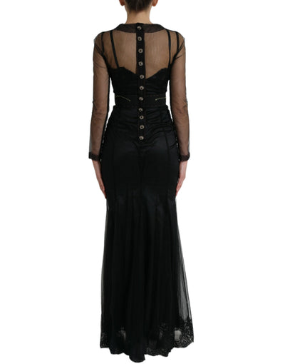 Robe longue en tulle et maille brodée de fleurs noires Dolce &amp; Gabbana