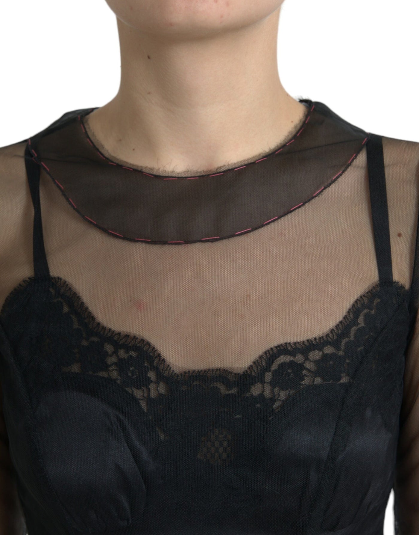 Robe longue en tulle et maille brodée de fleurs noires Dolce &amp; Gabbana