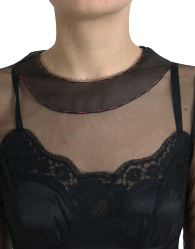 Robe longue en tulle et maille brodée de fleurs noires Dolce &amp; Gabbana