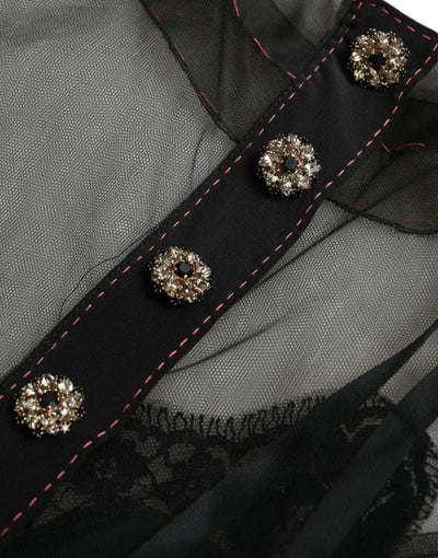 Robe longue en tulle et maille brodée de fleurs noires Dolce &amp; Gabbana