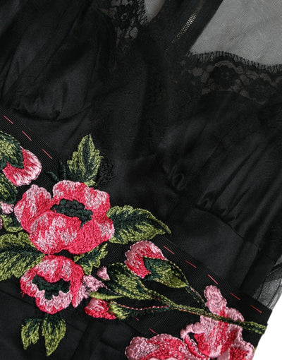 Robe longue en tulle et maille brodée de fleurs noires Dolce &amp; Gabbana
