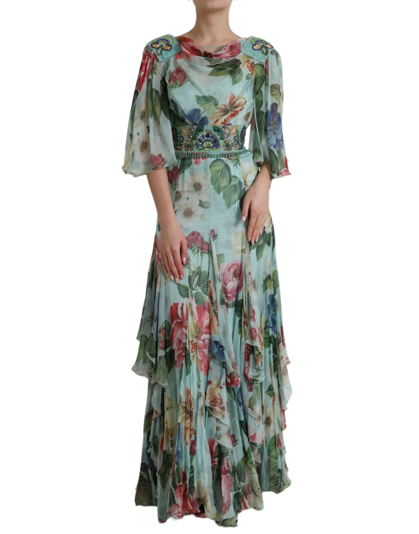 Robe longue à volants et imprimé floral bleu Dolce &amp; Gabbana