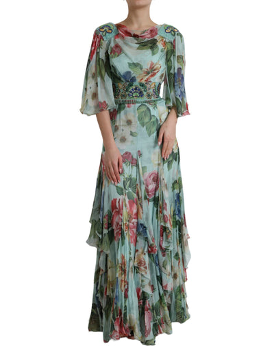 Robe longue à volants et imprimé floral bleu Dolce &amp; Gabbana