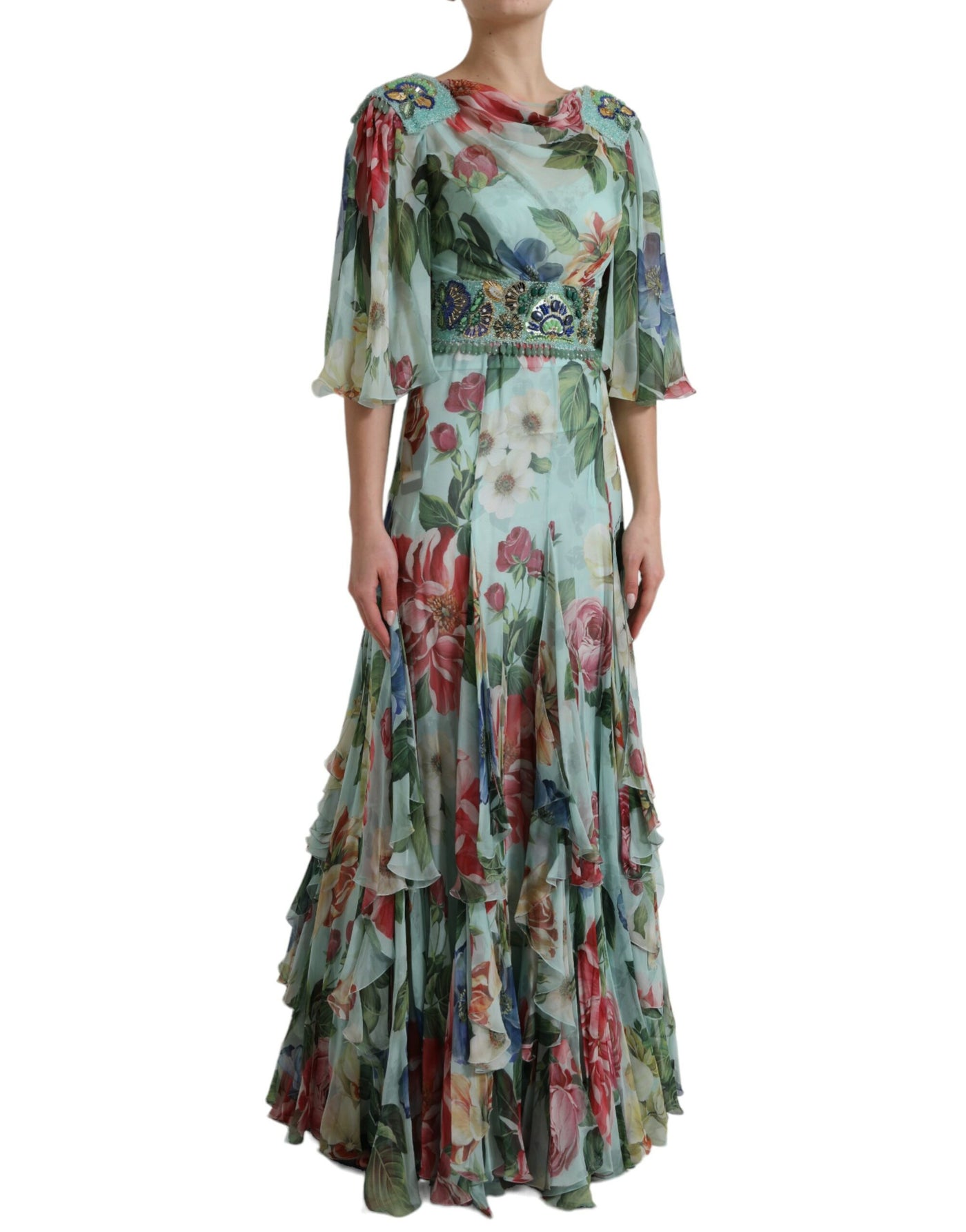 Robe longue à volants et imprimé floral bleu Dolce &amp; Gabbana
