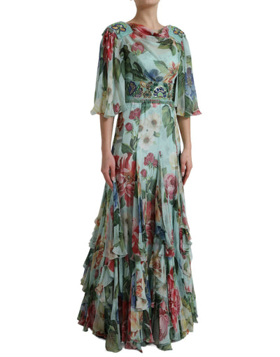 Robe longue à volants et imprimé floral bleu Dolce &amp; Gabbana