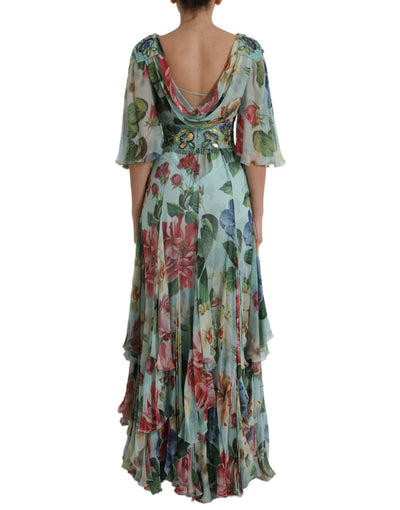 Robe longue à volants et imprimé floral bleu Dolce &amp; Gabbana
