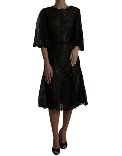 Robe mi-longue trapèze transparente en dentelle florale noire Dolce &amp; Gabbana