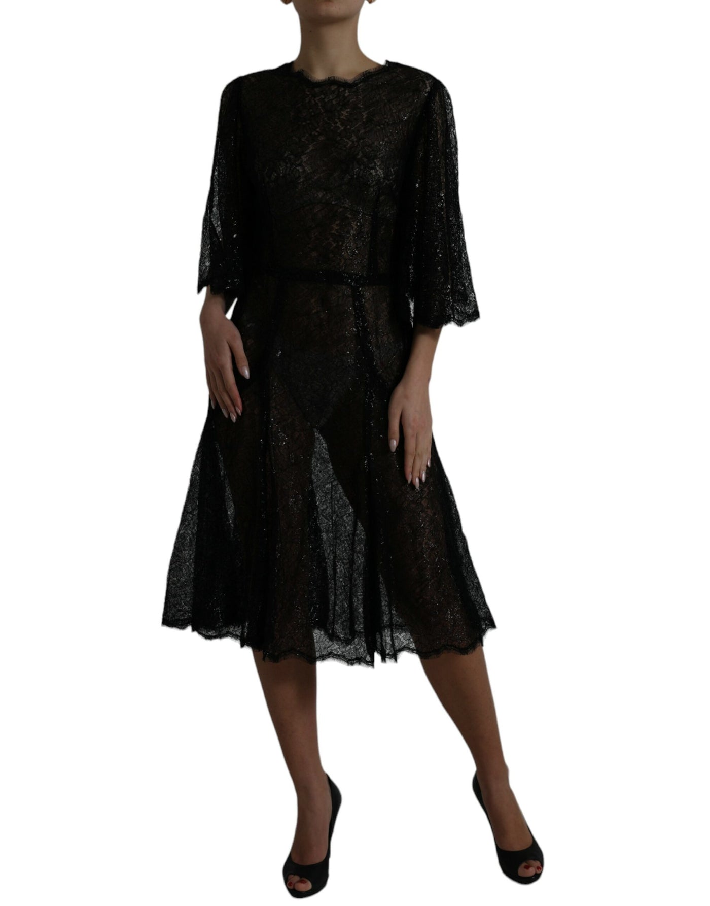 Robe mi-longue trapèze transparente en dentelle florale noire Dolce &amp; Gabbana