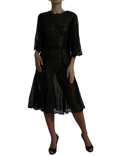 Robe mi-longue trapèze transparente en dentelle florale noire Dolce &amp; Gabbana