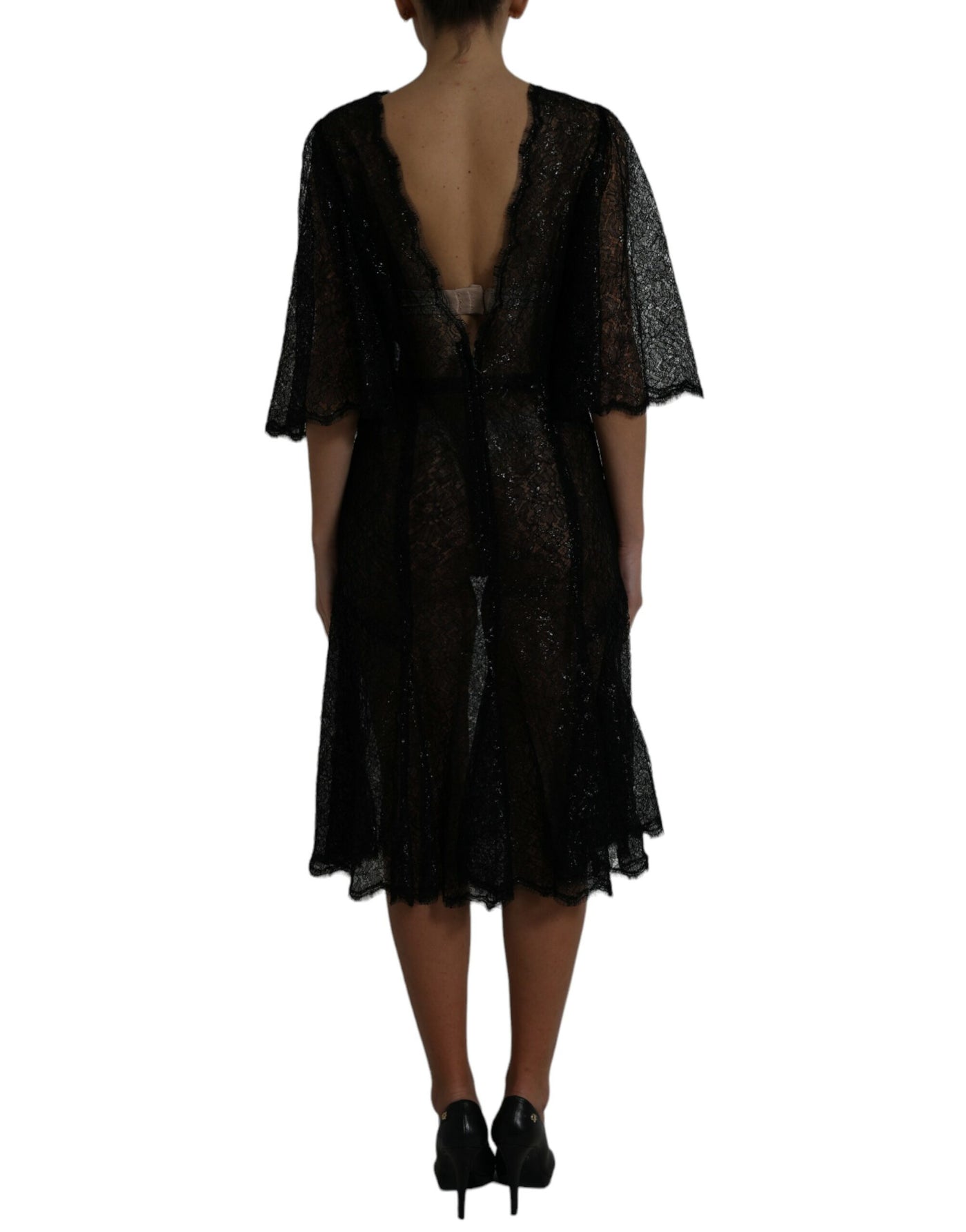 Robe mi-longue trapèze transparente en dentelle florale noire Dolce &amp; Gabbana