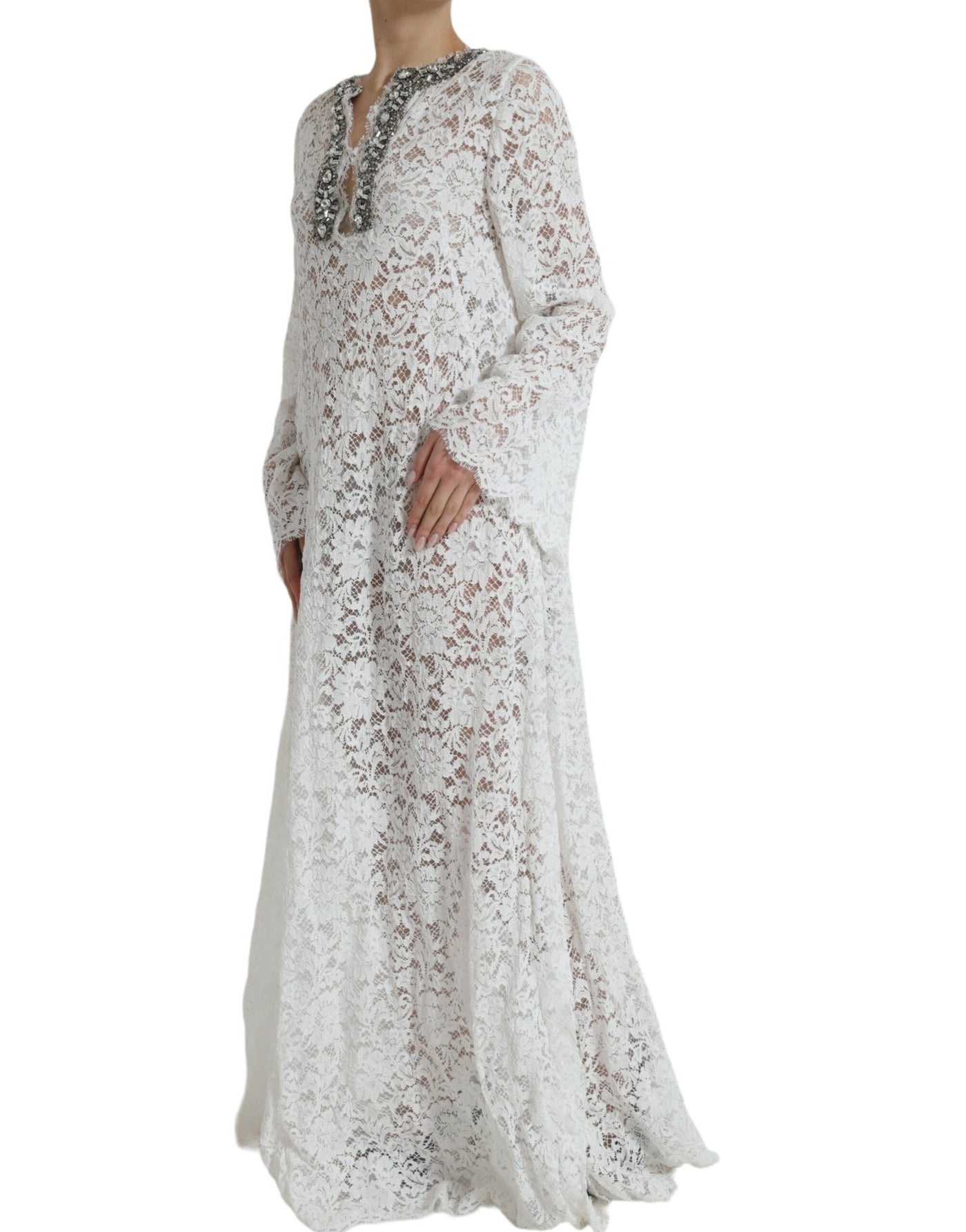 Robe droite en dentelle blanche ornée de cristaux Dolce &amp; Gabbana