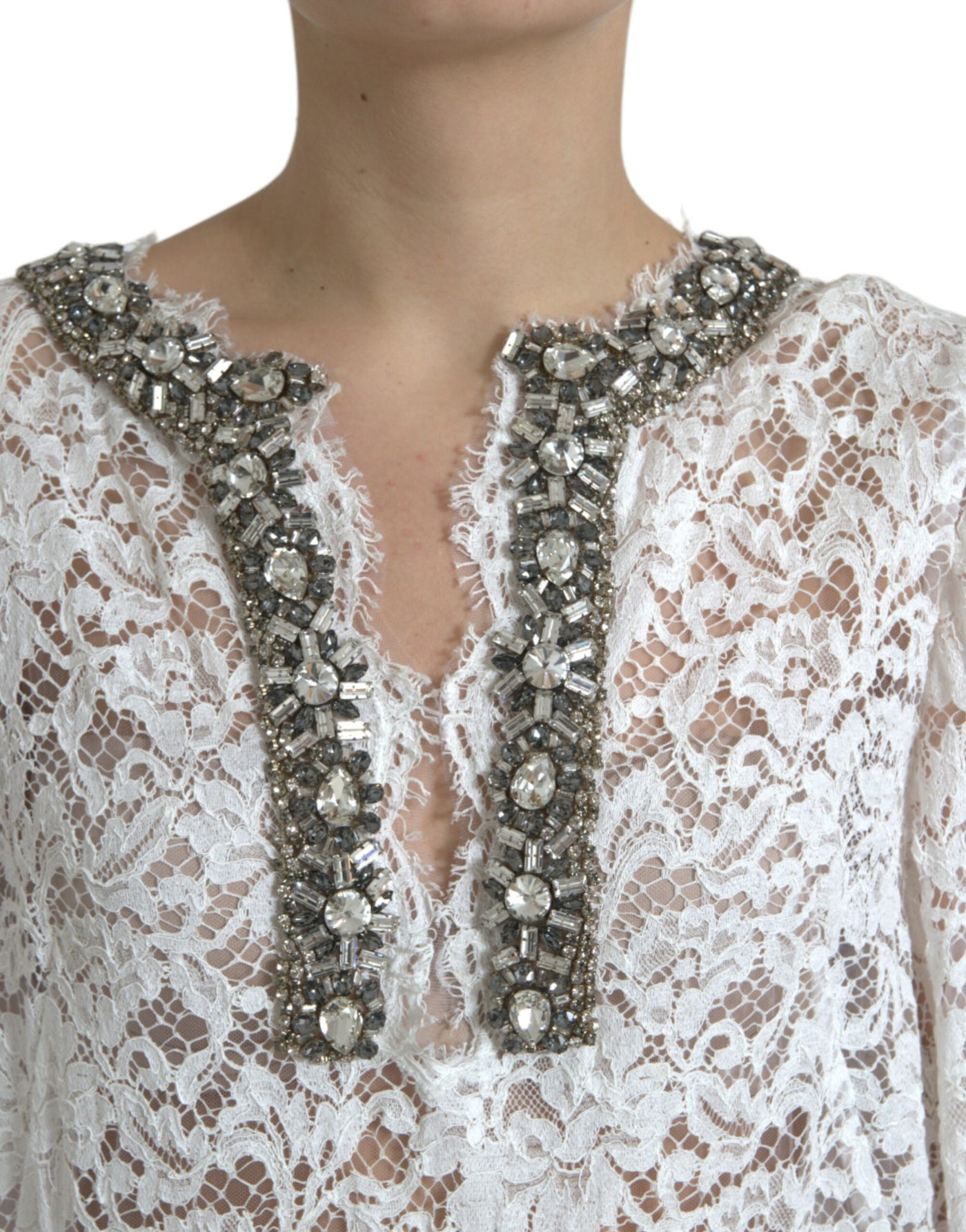 Robe droite en dentelle blanche ornée de cristaux Dolce &amp; Gabbana