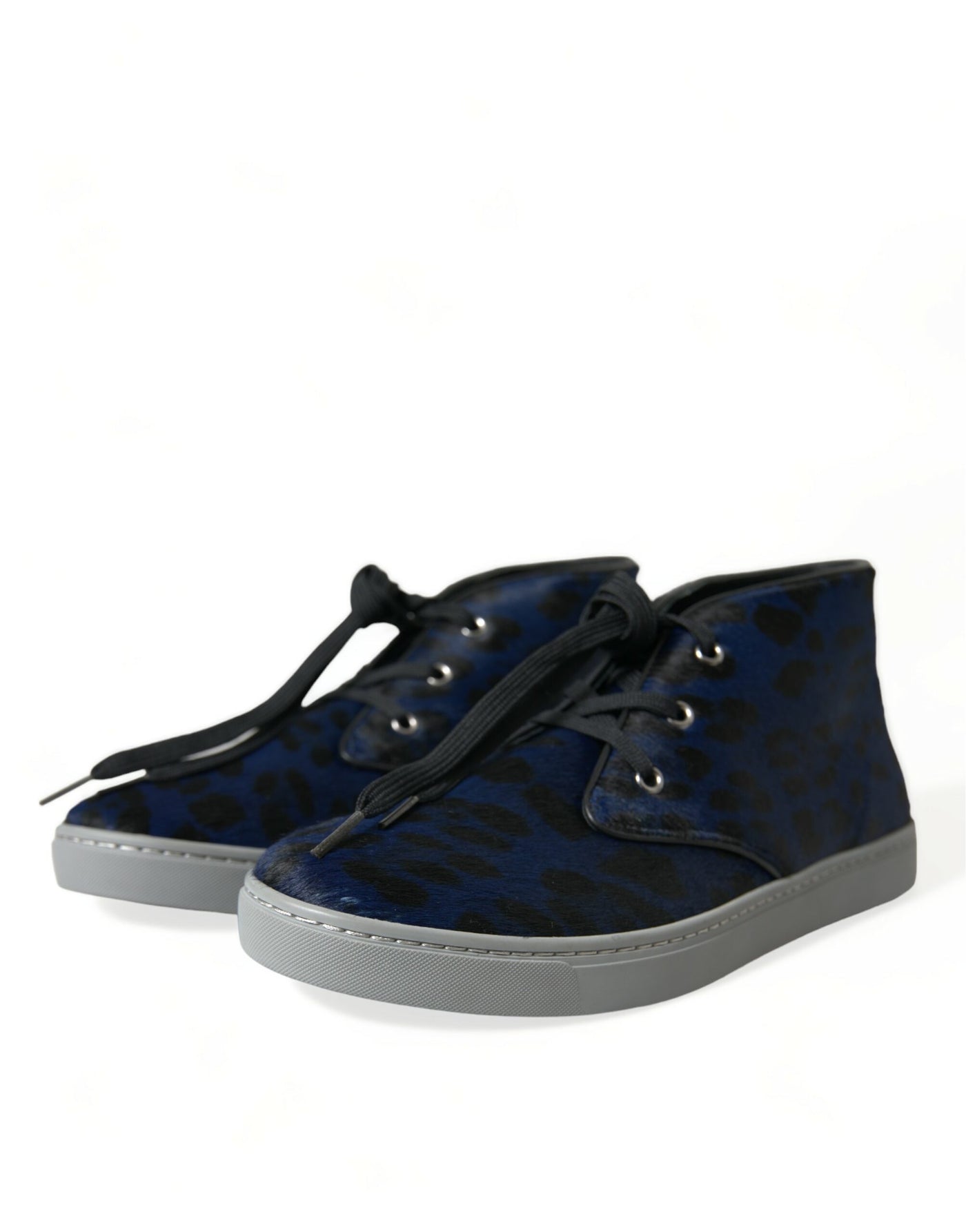Dolce &amp; Gabbana Blauwe Kalfsleren Luipaard Mid Top Sneakers Schoenen
